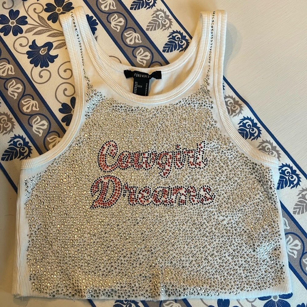 Women’s “Cowgirl Dreams” white cropped tank top